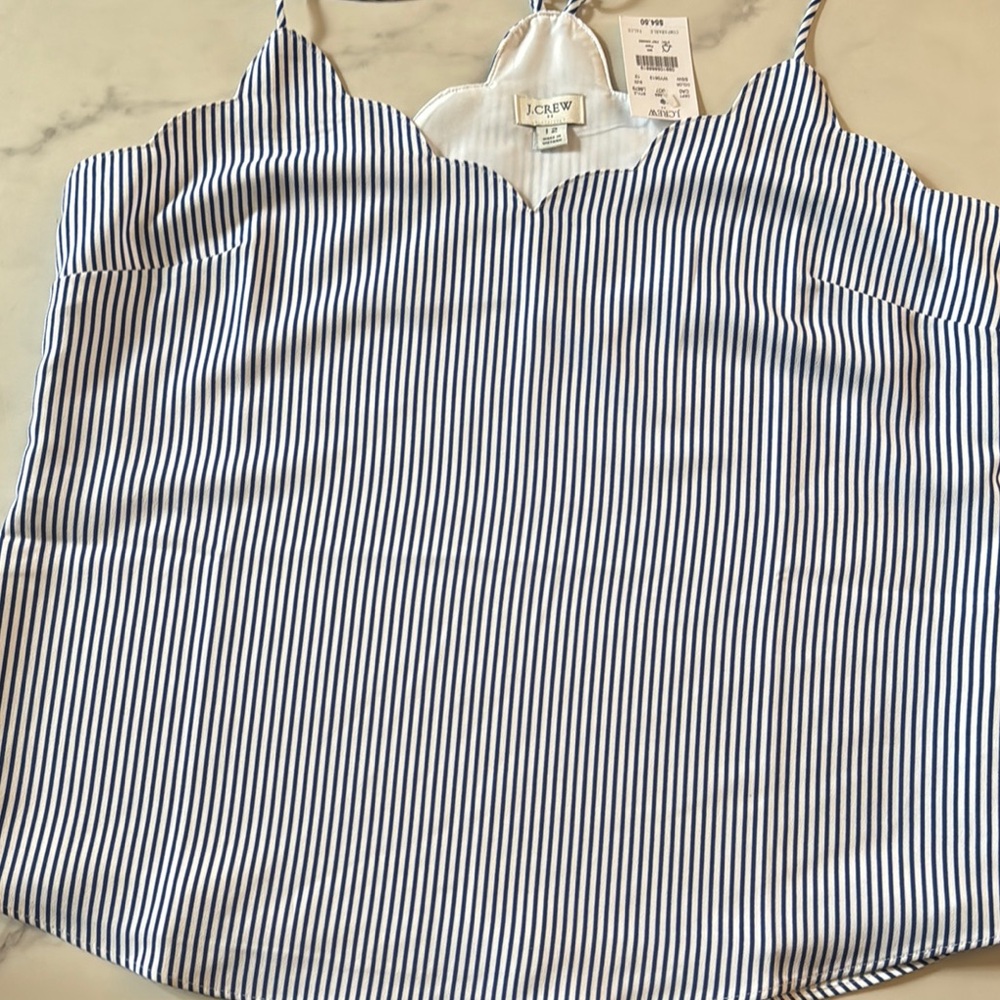 J. Crew Blue and White Striped, Scalloped Sleeveless Camisole